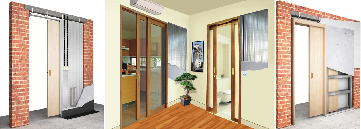 SLIDEHIDE and CAVIWALL concealed sliding door systems, shown inside wall construction and in a finished interior